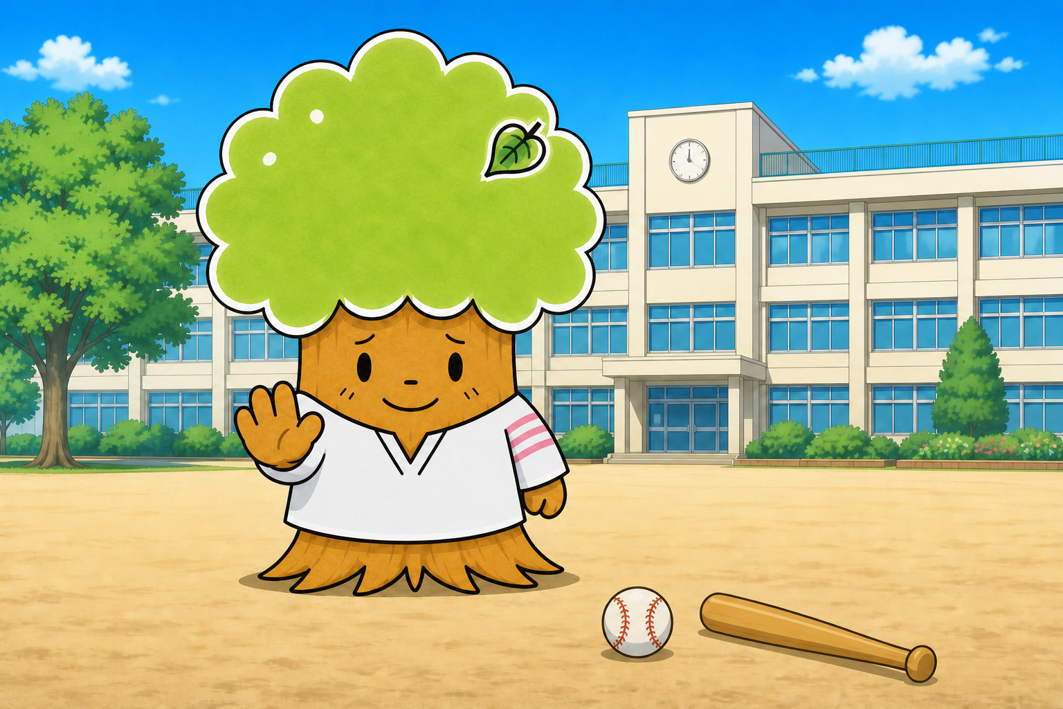 校庭で野球のきまりを説明するキャラクター
