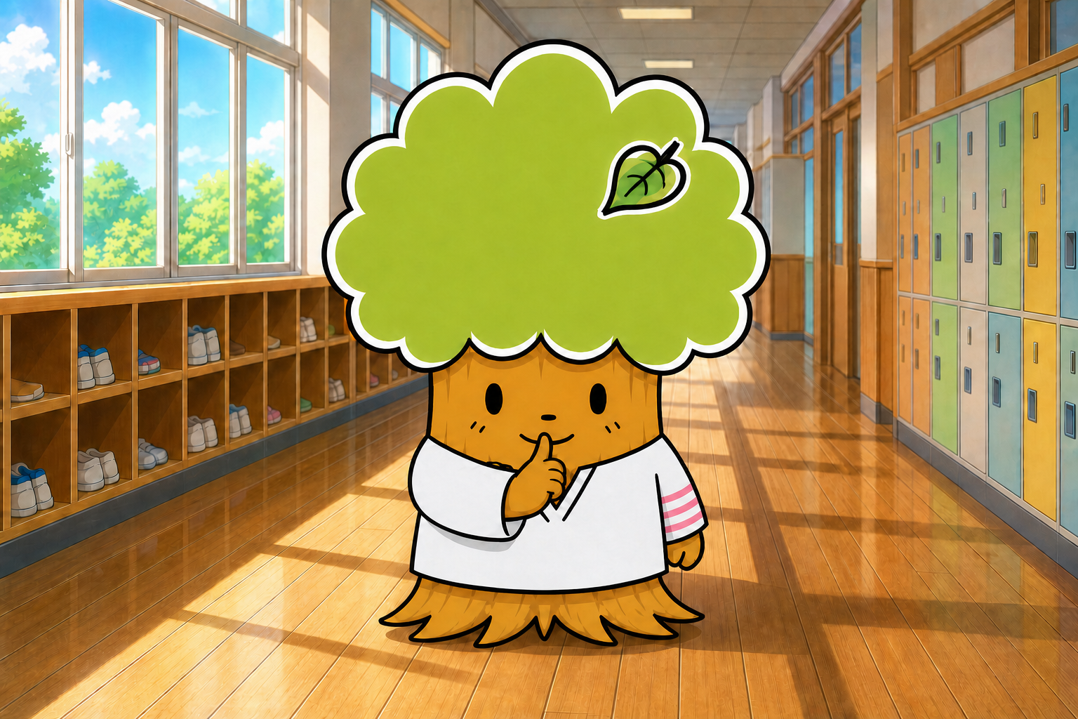 校舎に入る前のきまりを説明するキャラクター
