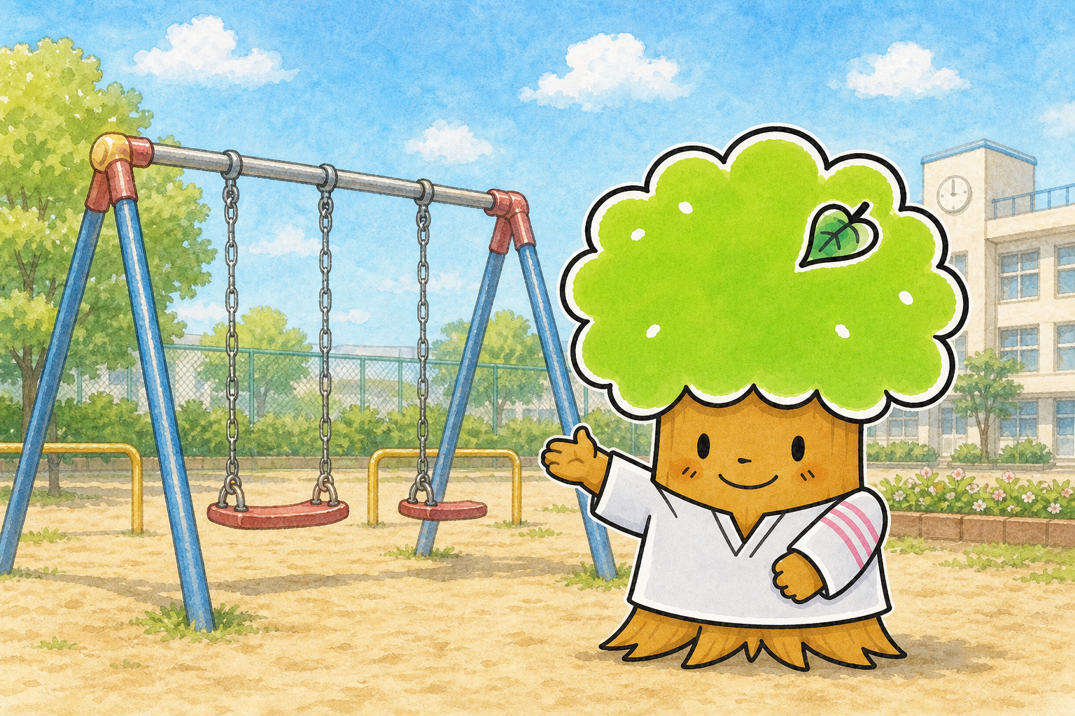 校庭できまりを説明するキャラ